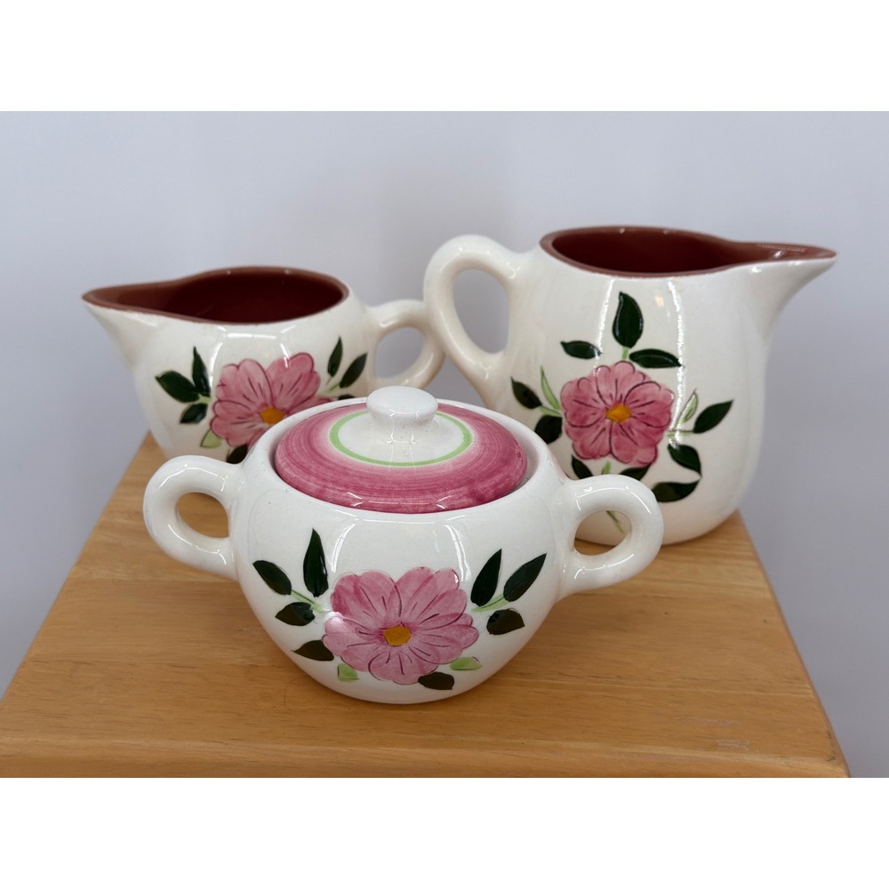 Vintage Hand Painted Pink Floral Ceramic Cream Sugar Set with Sm Milk Pitcher